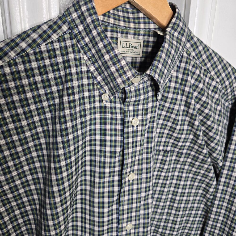 LL Bean Shirt Men's Large Tall Green White Gingham  Button Up Long Sleeve